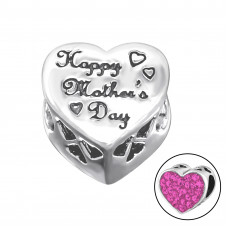 Heart Happy Mother's Day Sterling Silver Bead with Crystal
