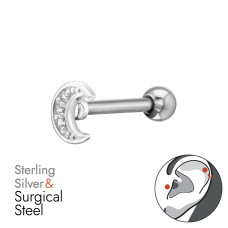 5mm Moon Sterling Silver Tragus, Helix, Upper Ear Piercing with 3x Cubic Zirconia on 1.2x8mm (16G) 316 Surgical Steel Threaded Barbell with 3mm Plain Ball