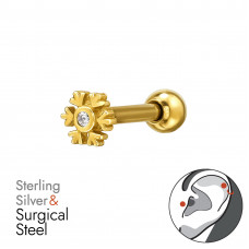 Snowflake Sterling Silver Gold Plated Tragus, Helix, Upper Ear Piercing with Cubic Zirconia on 1.2x6mm (16G) 316 Surgical Steel Gold Plated Threaded Barbell with 3mm Plain Ball