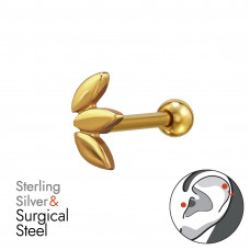 Leaf Sterling Silver Gold Plated Tragus, Helix, Upper Ear Piercing on 1.2x8mm (16G) 316 Surgical Steel Gold Plated Threaded Barbell with 3mm Plain Ball