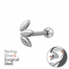 Leaf Sterling Silver Tragus, Helix, Upper Ear Piercing on 1.2x8mm (16G) 316 Surgical Steel Threaded Barbell with 3mm Plain Ball