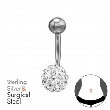 8mm Ferido Ball with 45x Crystal Belly Button Piercing on 1.6x10mm (14G) 316 Surgical Steel Threaded Barbell with 5mm Plain Ball