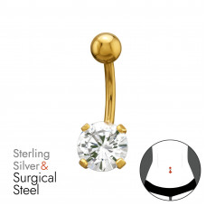 8mm Round Cubic Zirconia Sterling Silver Gold Plated Belly Button Piercing on 1.6x10mm (14G) 316 Surgical Steel Gold Color Threaded Barbell with 5mm Plain Ball