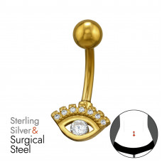 Evil Eye Sterling Silver Gold Plated Belly Button Piercing with 8x Cubic Zirconia on 1.6x10mm (14G) 316 Surgical Steel Gold Plated Threaded Barbell with 5mm Plain Ball
