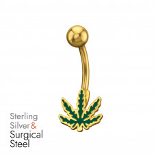 10mm Epoxy Cannabis Leaf Sterling Silver Gold Plated Belly Button Piercing on 1.6x10mm (14G) 316 Surgical Steel Gold Plated Threaded Barbell with 5mm Plain Ball