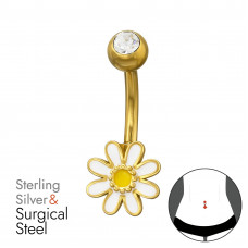Daisy Flower Sterling Silver Gold Plated Belly Button Piercing with White and Yellow Epoxy on 1.6x10mm (14G) 316 Surgical Steel Gold Color Internal Threaded Barbell with 5mm Ball with Crystal