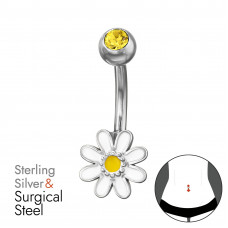 Daisy Flower Sterling Silver Belly Button Piercing with White and Yellow Epoxy on 1.6x10mm (14G) 316 Surgical Steel Internal Threaded Barbell with 5mm Ball with Crystal