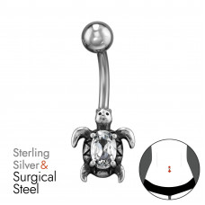 10mm Turtle Sterling Silver Oxidized Belly Button Piercing with 1x Cubic Zirconia on 1.6x10mm (14G) 316 Surgical Steel Threaded Barbell with 5mm Plain Ball