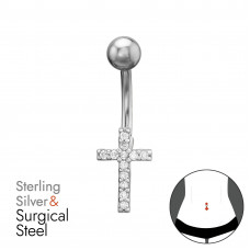 Cross Sterling Silver Belly Button Piercing with 12x Cubic Zirconia on 1.6x10mm (14G) 316 Surgical Steel Threaded Barbell with 5mm Plain Ball
