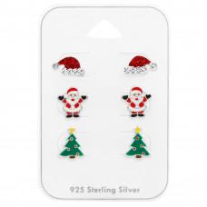 Christmas Children's Sterling Silver Set and Jewelry on Card with Crystal and Epoxy
