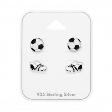 Football and Football Shoes Children's Sterling Silver Ear Studs Set on Card with Epoxy