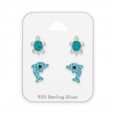 Turtle and Dolphin Children's Sterling Silver Ear Studs Set on Card with Crystal