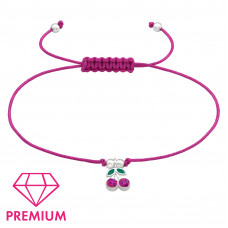 Children's Silver Cherry Adjustable Corded Bracelet with Crystal and Epoxy