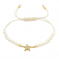 Silver Starfish Adjustable Corded Bracelet with Cubic Zirconia and Imitation Pearl
