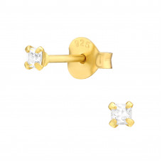 Silver Square 2mm Basic Ear Studs with Cubic Zirconia
