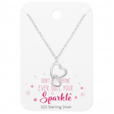 Double Heart Necklace Sterling Silver Set and Jewelry on Card with Cubic Zirconia