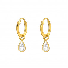 Silver Ear Hoops with a Hanging Teardrop Shaped Cubic Zirconia