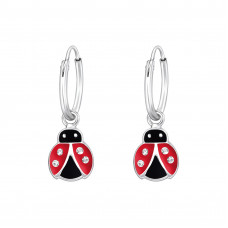 Children's Silver Ear Hoops with Hanging Ladybug Epoxy and Crystal