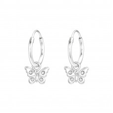 Children's Silver Ear Hoops with Hanging Butterfly and Crystal