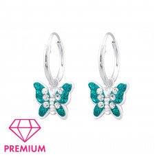 Children's Silver Ear Hoops with Hanging Butterfly and Crystal