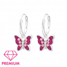 Children's Silver Ear Hoops with Hanging Butterfly and Crystal