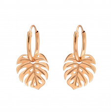 Silver Ear Hoops with Hanging Laser Cut Leaf