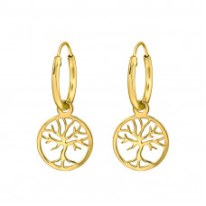 Hanging Tree Of Life Sterling Silver Gold Plated Ear Hoops