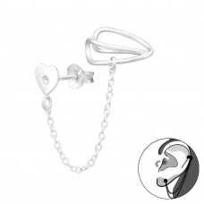 Silver Heart Ear Jacket and Plain Ear Cuff with Crystal and Hanging Chain
