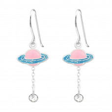 Children's Silver Saturn Planet Earrings with Hanging Crystal and Epoxy
