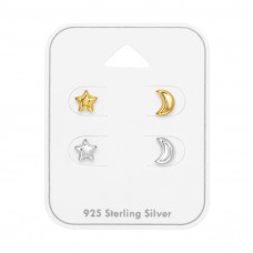 Star and Moon Sterling Silver Ear Studs Set and Jewelry on Card