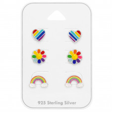 Rainbow, Flower and Heart Children's Sterling Silver Set and Jewelry on Card with Epoxy