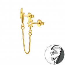 Silver Lightning Bolt and Star Ear Jacket with Hanging Chain and Crystal