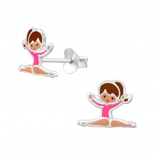 10mm Gymnastics Girl Children's Sterling Silver Ear Studs with Pink, Red, Black and Brown Epoxy