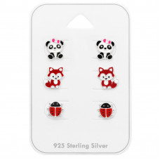 Panda, Fox and Ladybug Children's Sterling Silver Set and Jewelry on Card with Epoxy
