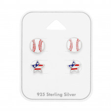 Baseball and USA Star Children's Sterling Silver Ear Studs Set on Card with Crystal and Epoxy