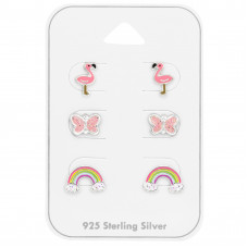 Flamingo, Butterfly and Rainbow Children's Sterling Silver Set and Jewelry on Card with Epoxy