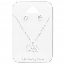 Silver Heart and Paw Print Set on Card with Cubic Zirconia