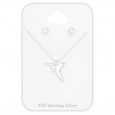 Hummingbird Sterling Silver Set on Card with Cubic Zirconia Ear Studs 