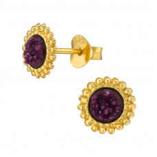 Round Sterling Silver Ear Studs with Druzy Stone