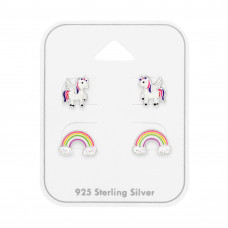Unicorn and Rainbow Children's Sterling Silver Ear Studs Set on Card with Epoxy