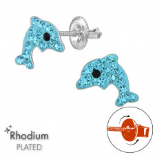 Dolphin Children's Sterling Silver Screw Back Ear Studs with Crystal