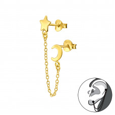 Silver Moon and Star Ear Jacket with Hanging Chain