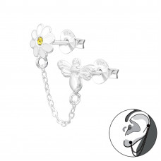 Silver Bee and Flower Ear Jacket with Crystal and Epoxy