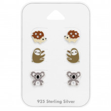 Hedgehog, Sloth and Koala Children's Sterling Silver Set and Jewelry on Card with Crystal and Epoxy