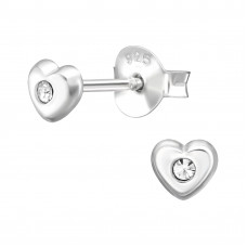 3D Heart 4mm Sterling Silver Ear Studs with Crystal