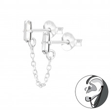 Silver Baguette Ear Jacket with Hanging Chain and Crystal