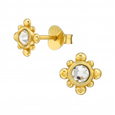 7mm Sunburst Sterling Silver Gold Plated Ear Studs with 2x Crystal