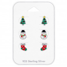 Christmas Tree, Snowman and Stockings Children's Sterling Silver Ear Studs Set on Card with Crystal and Epoxy