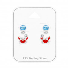 Jellyfish and Crab Children's Sterling Silver Ear Studs Set on Card with 2x Crystal and Blue and Red Epoxy