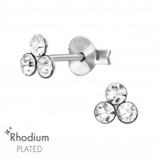 5mm Triangular Cluster Sterling Silver Rhodium Plated Ear Studs with Crystal